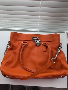 Michael Kors Orange Leather Crossbody Satchel with Silver Hardware